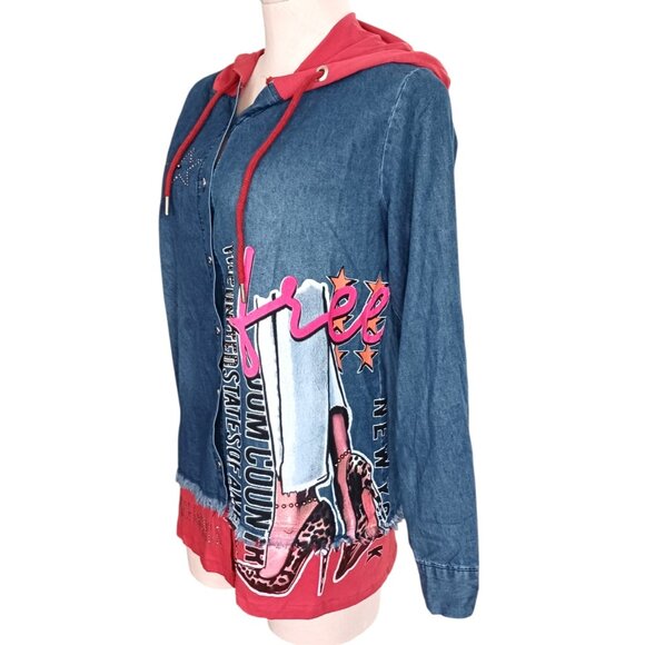 Jaga Istanbul Button Front Chambray Hoodie Graffiti New York Womens 12 Studded - Picture 1 of 11